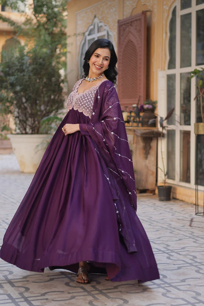 Purple Color Georgette Fabric with Embroidery Work Gown Set