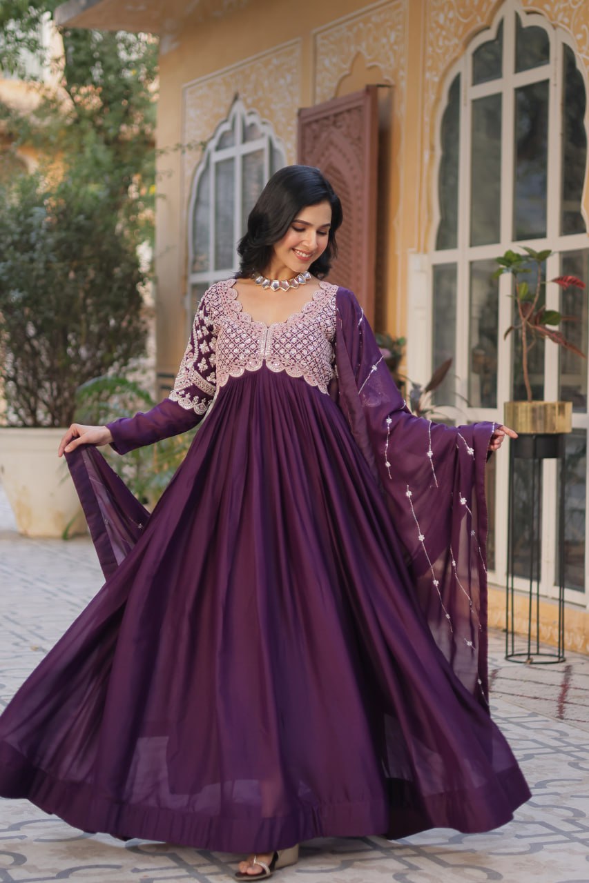 Purple Color Georgette Fabric with Embroidery Work Gown Set