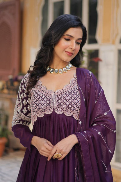 Purple Color Georgette Fabric with Embroidery Work Gown Set