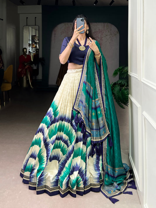 Women's tussar silk with Digital print and foil work lehenga choli