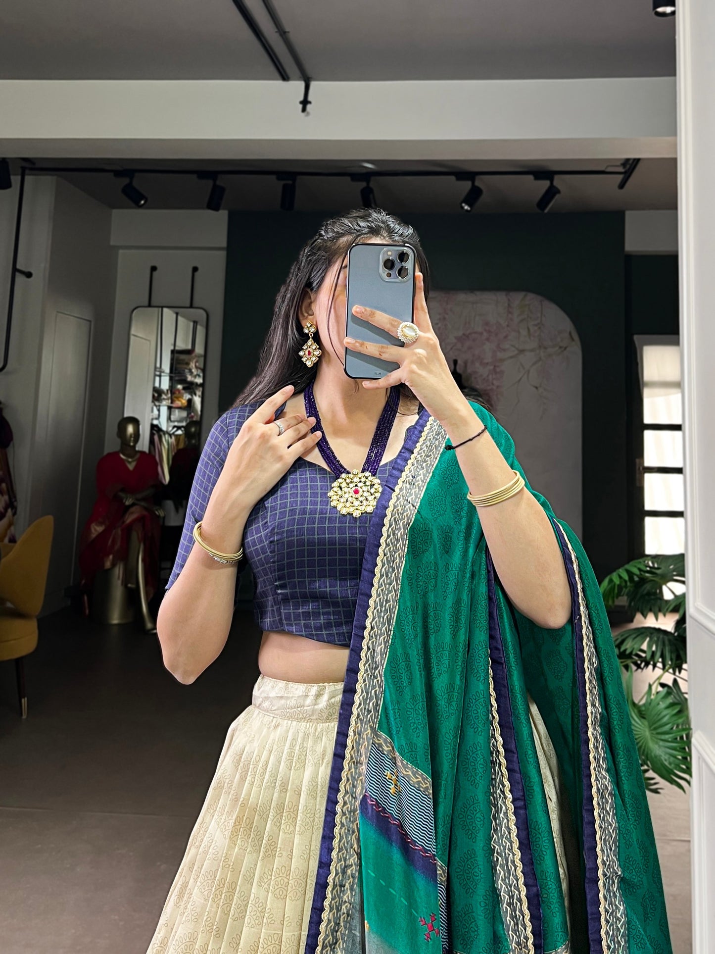 Women's tussar silk with Digital print and foil work lehenga choli