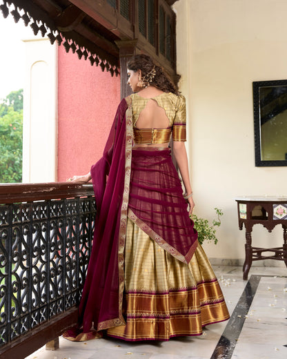 Cream And Maroon Color Dola Silk Lehenga With Dupatta.