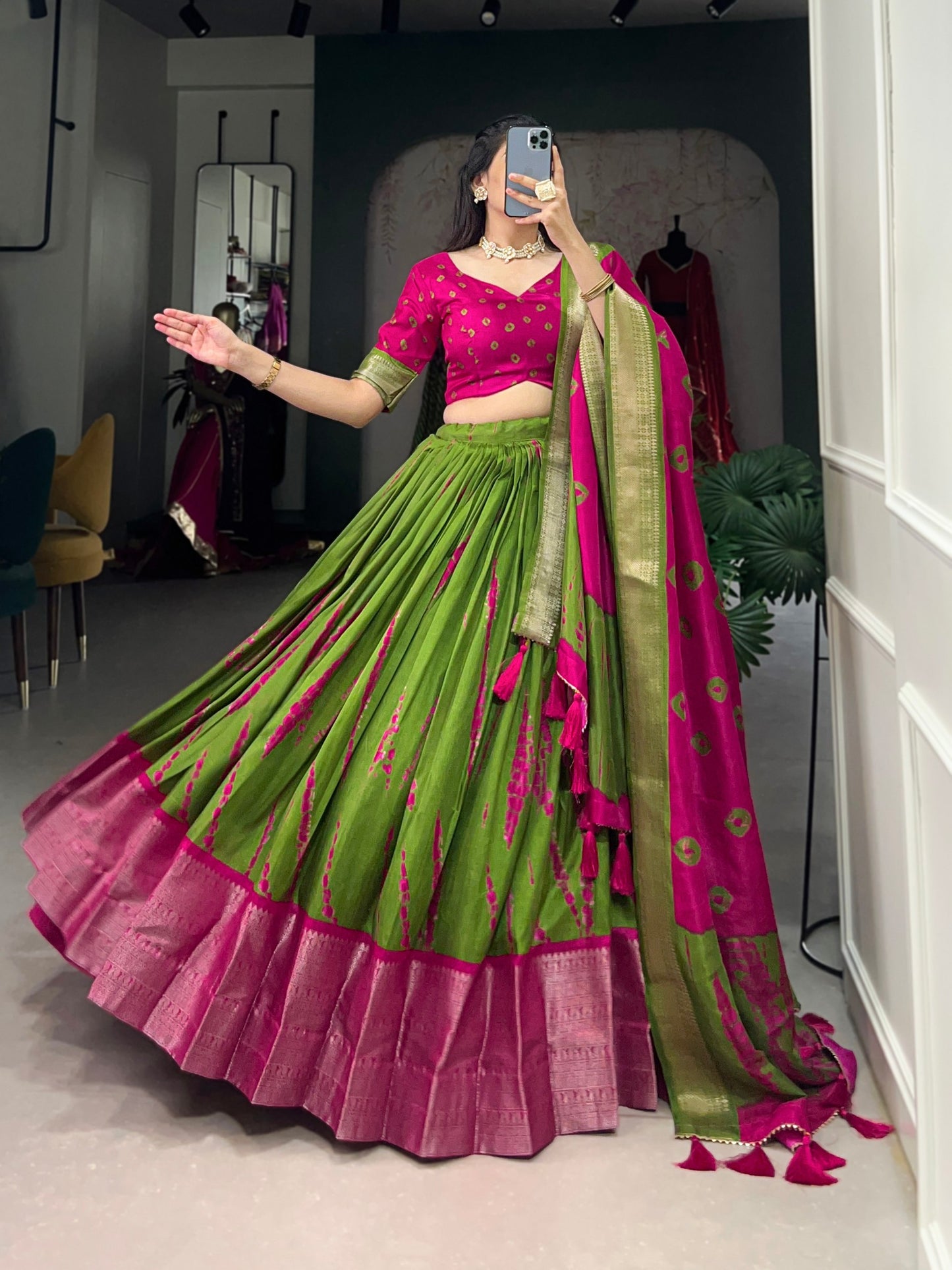 Green And Pink Color Dola Silk Lehenga With Dupatta.
