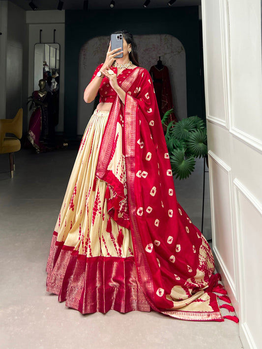 Red And Cream Color Dola Silk Lehenga With Dupatta.