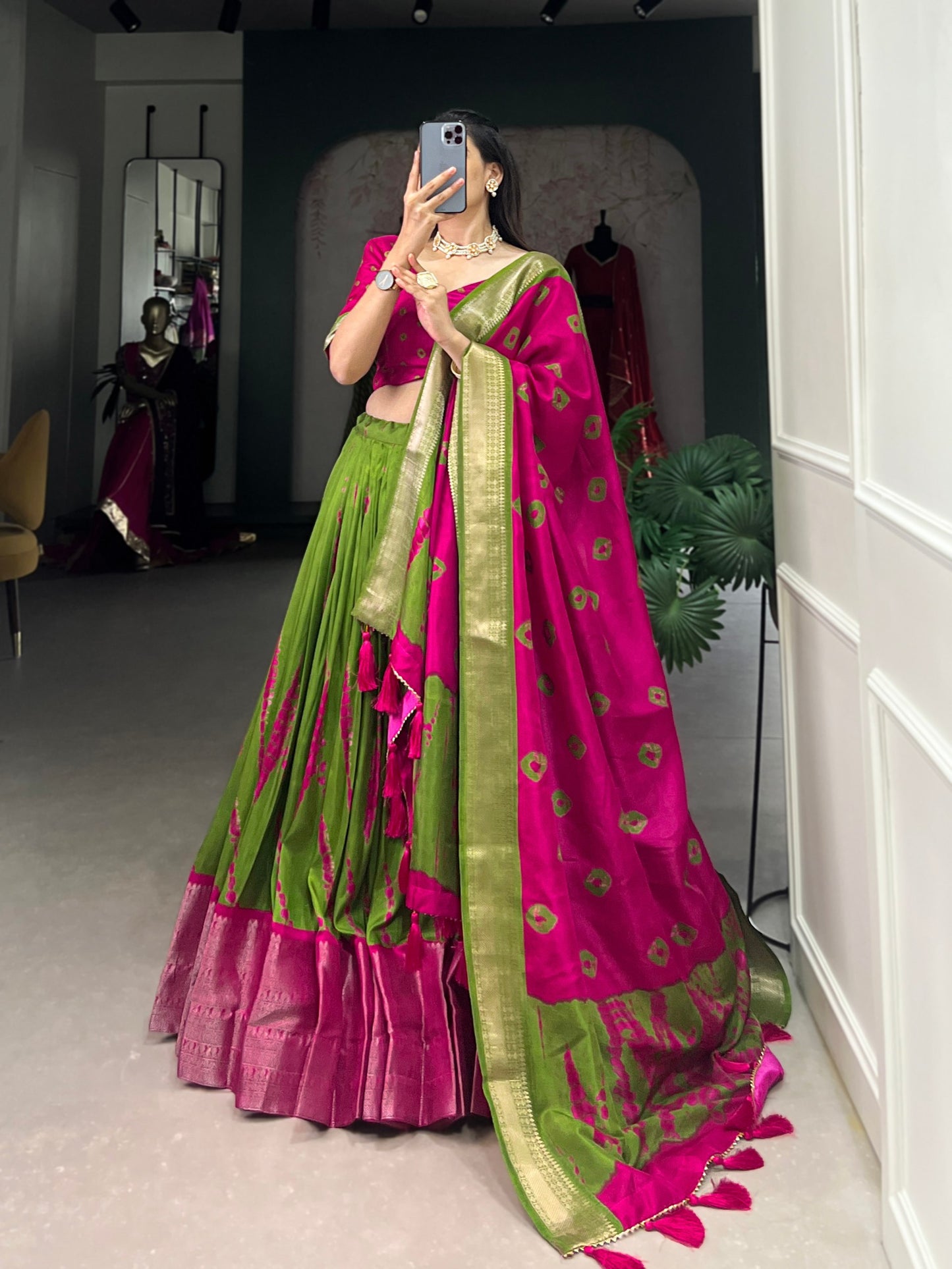 Green And Pink Color Dola Silk Lehenga With Dupatta.