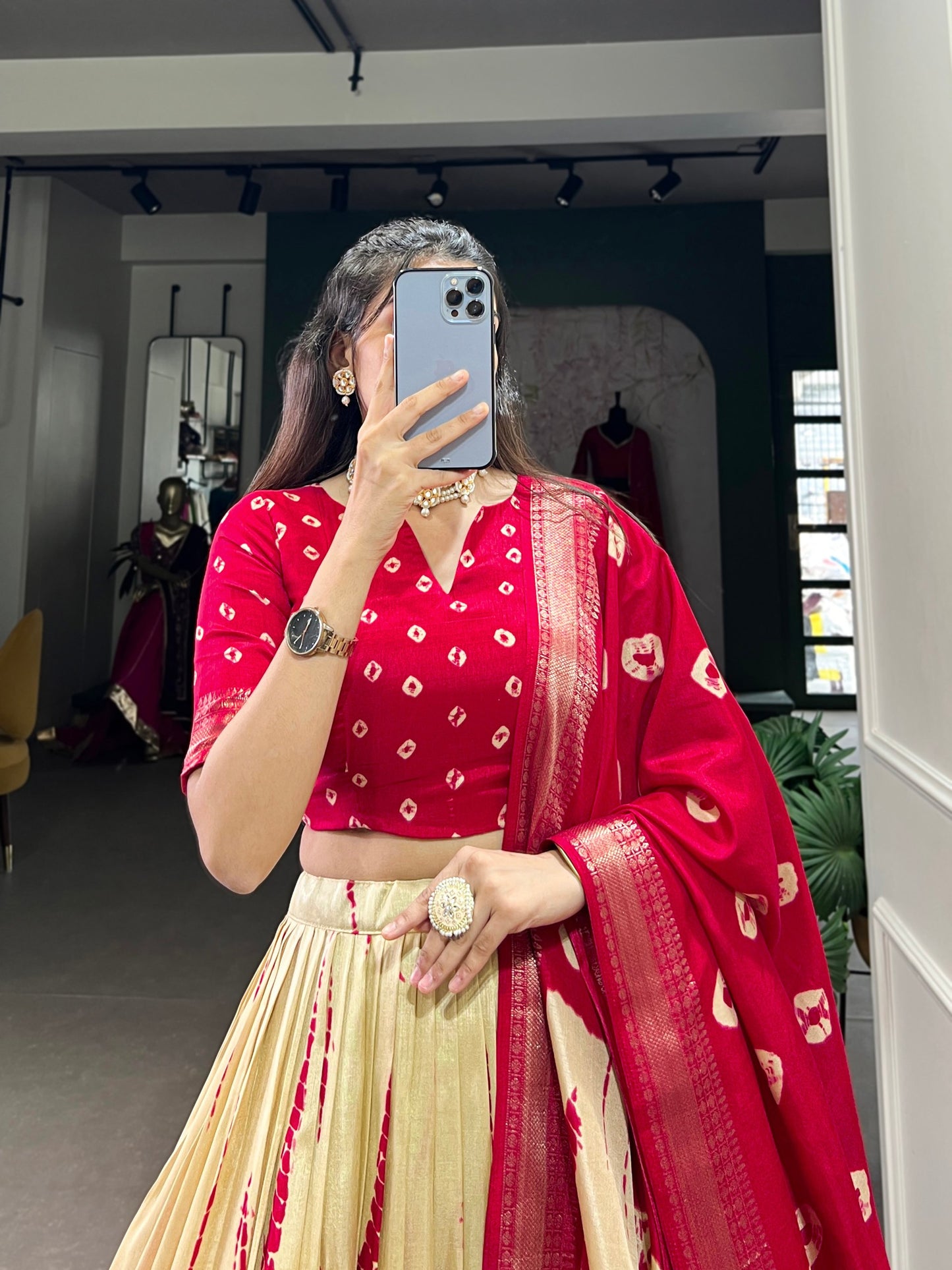 Red And Cream Color Dola Silk Lehenga With Dupatta.