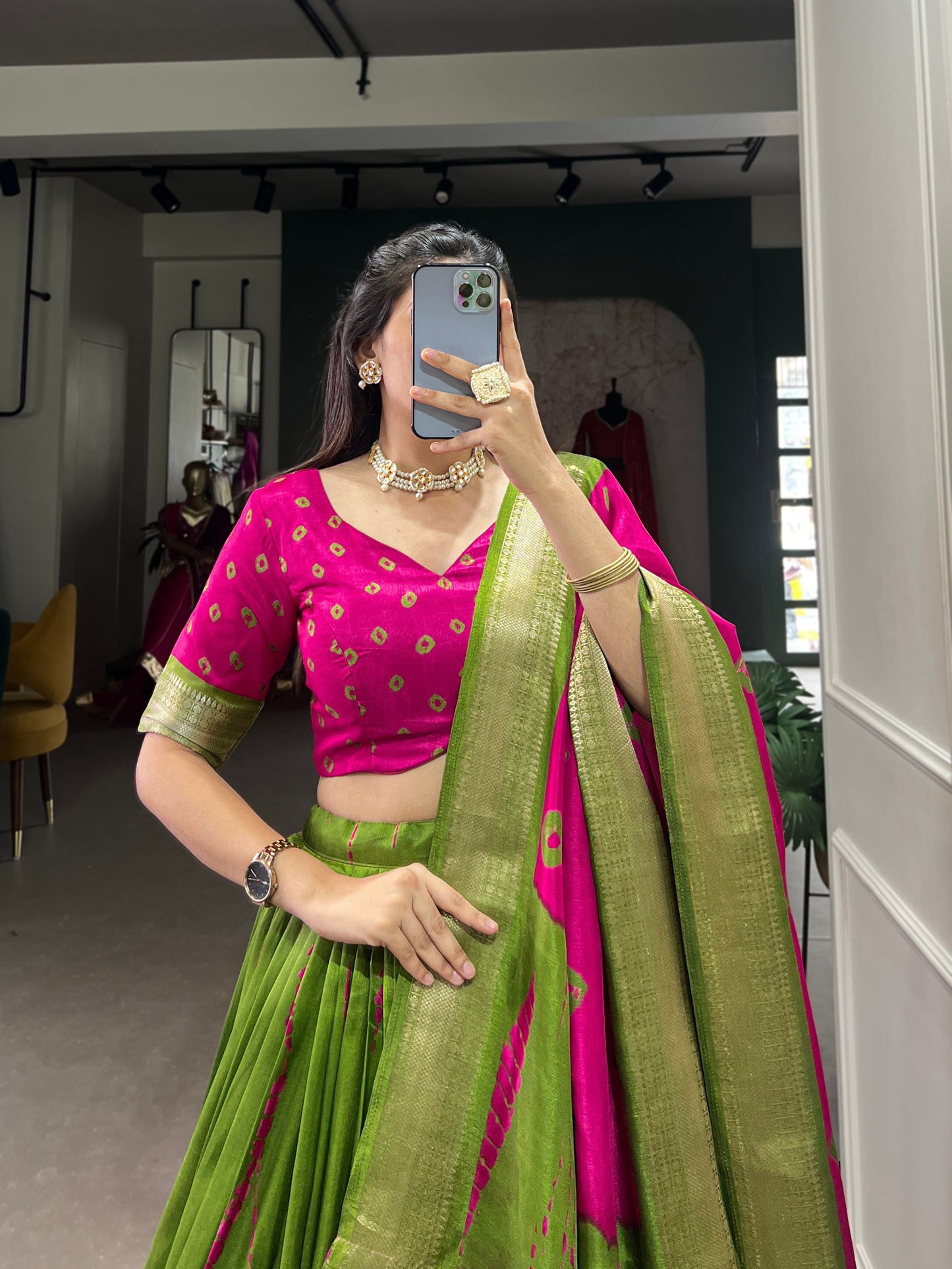 Green And Pink Color Dola Silk Lehenga With Dupatta.