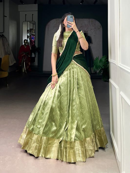 Suvarna Pista Green Dupion Silk Zari Weaving Work Half Saree Lehenga