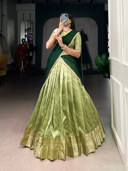 Suvarna Pista Green Dupion Silk Zari Weaving Work Half Saree Lehenga