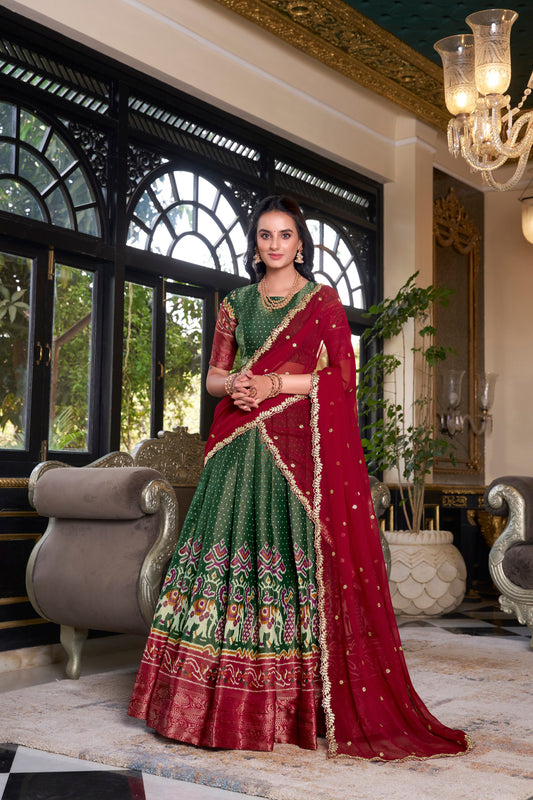 Authentic Green Kanchipuram Lehenga – Printed with Zari