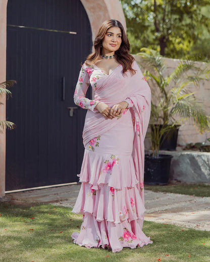 Royal pink Lahenga Saree Faux Georgette With Digital Print Attached Dupatta