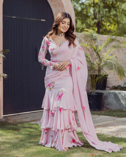 Royal pink Lahenga Saree Faux Georgette With Digital Print Attached Dupatta