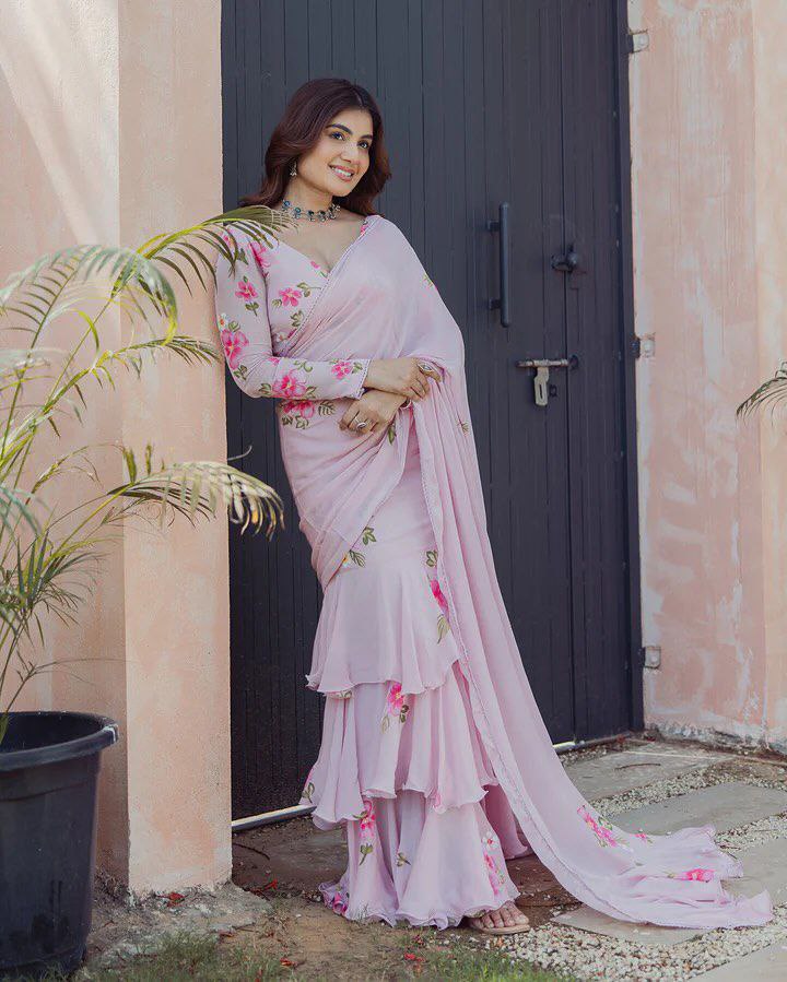 Royal pink Lahenga Saree Faux Georgette With Digital Print Attached Dupatta