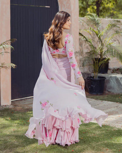 Royal pink Lahenga Saree Faux Georgette With Digital Print Attached Dupatta