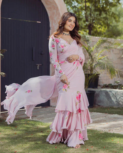 Royal pink Lahenga Saree Faux Georgette With Digital Print Attached Dupatta