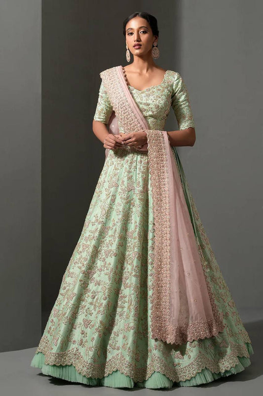 royal pista Mulberry silk lehenga with sequins , thread dori work + net ruffle work