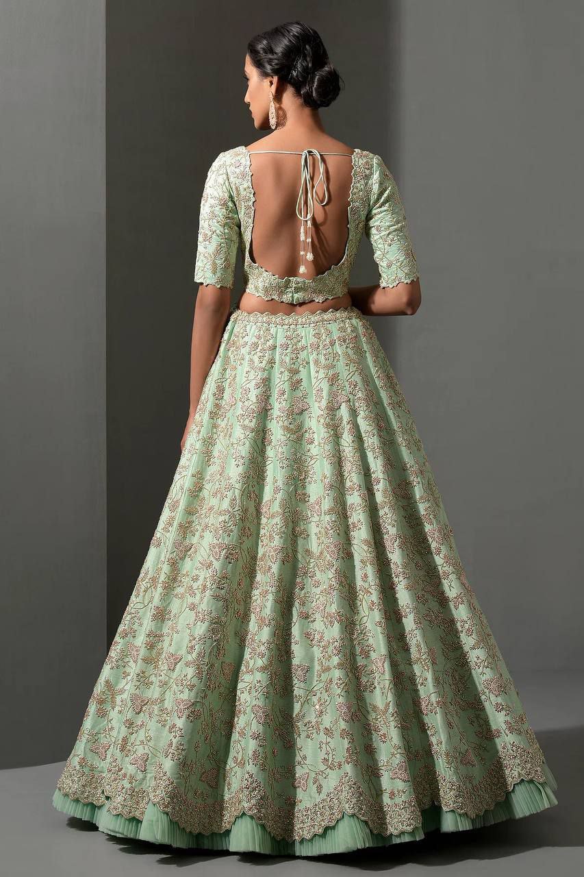 royal pista Mulberry silk lehenga with sequins , thread dori work + net ruffle work
