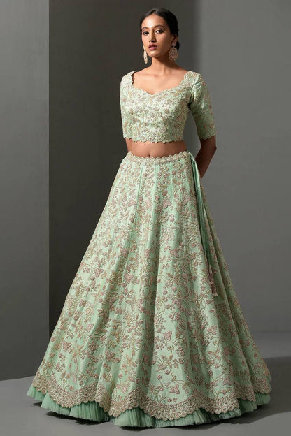 royal pista Mulberry silk lehenga with sequins , thread dori work + net ruffle work