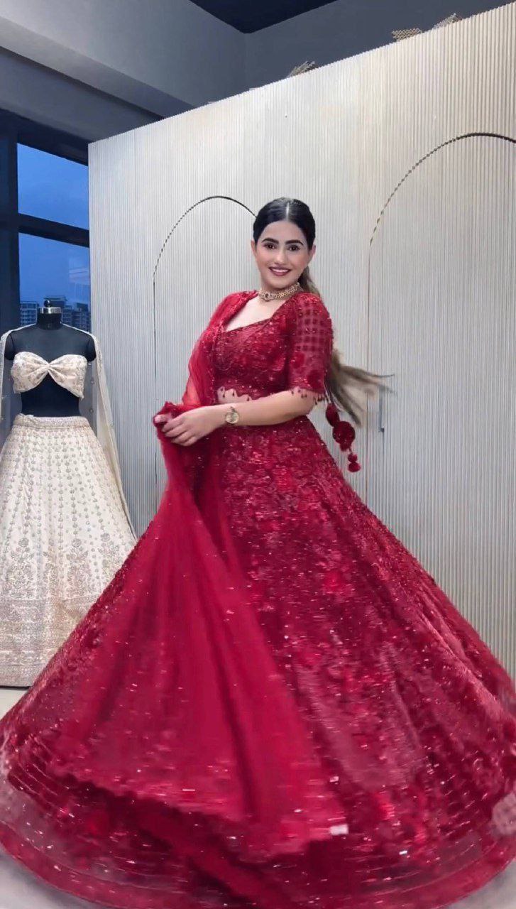 Red Elegant Net Lehenga Set with Intricate Thread, Dori, Sequins & Beads Work