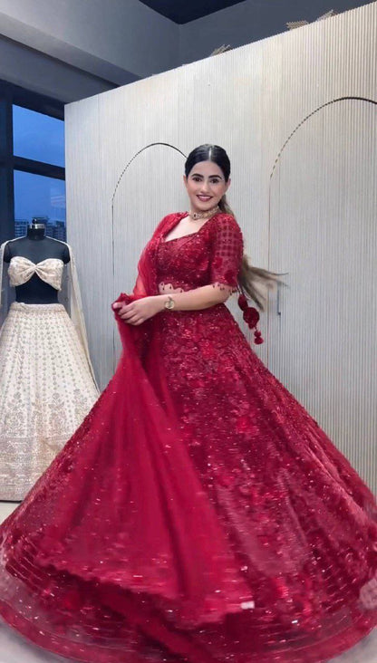 Red Elegant Net Lehenga Set with Intricate Thread, Dori, Sequins & Beads Work