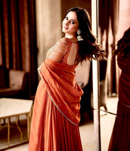 Fire orange Blooming georgette Gown with Dupatta
