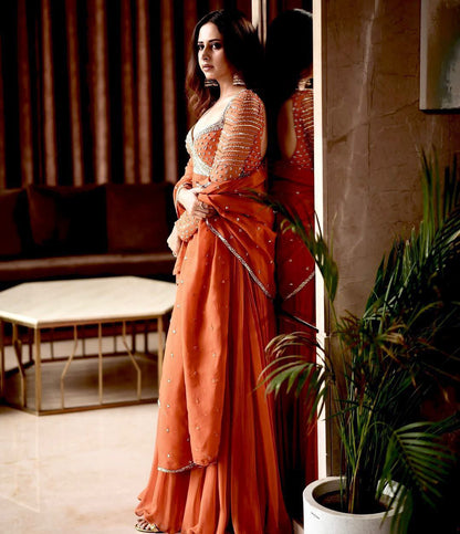 Fire orange Blooming georgette Gown with Dupatta