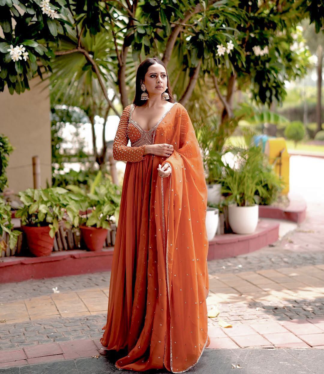 Fire orange Blooming georgette Gown with Dupatta