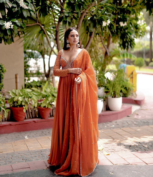 Fire orange Blooming georgette Gown with Dupatta