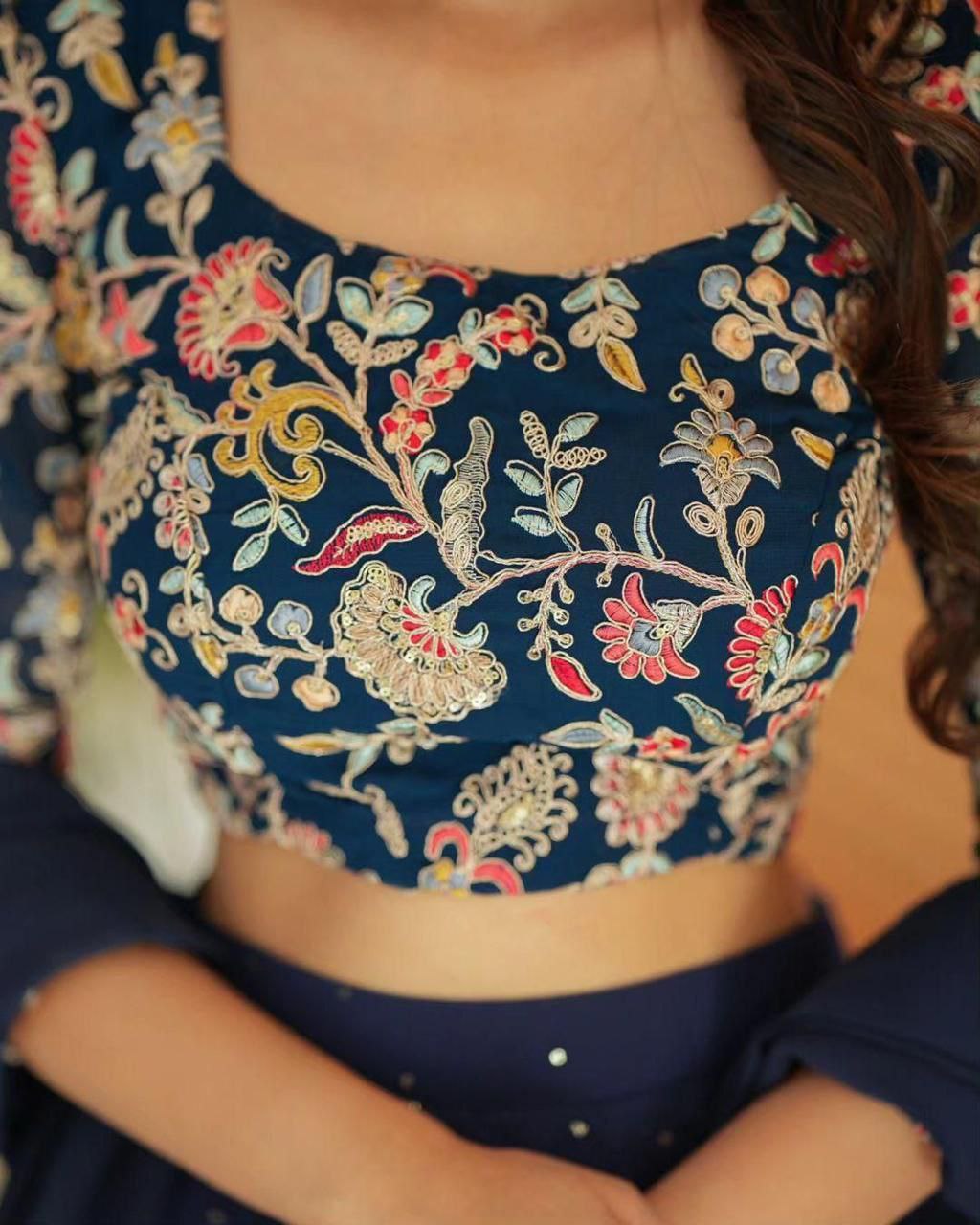 Navy Blue Designer Embroidered Georgette Lehenga Choli with Dupatta