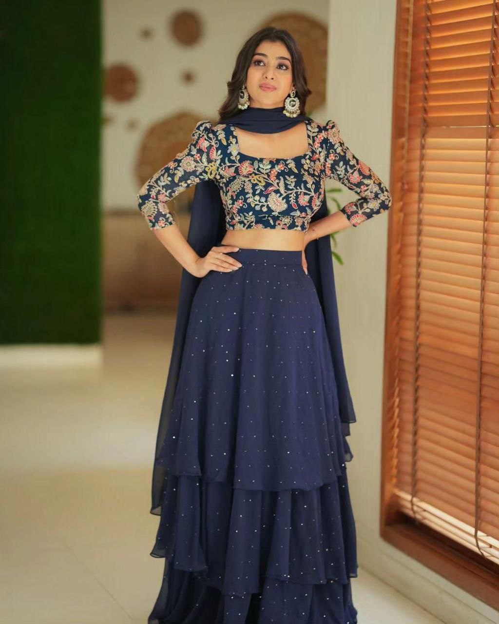 Navy Blue Designer Embroidered Georgette Lehenga Choli with Dupatta