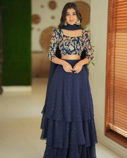 Navy Blue Designer Embroidered Georgette Lehenga Choli with Dupatta