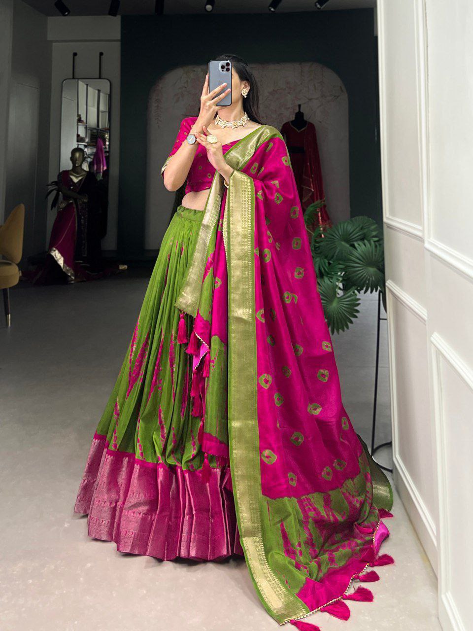 Pink Pure Dola Silk Shibori Print Lehenga Choli