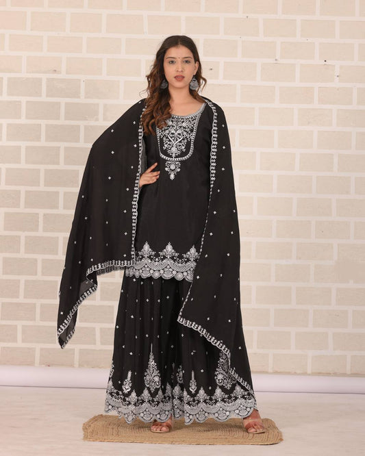 Classic Black Embroidered Suit – Chinon with Zari & Sequins