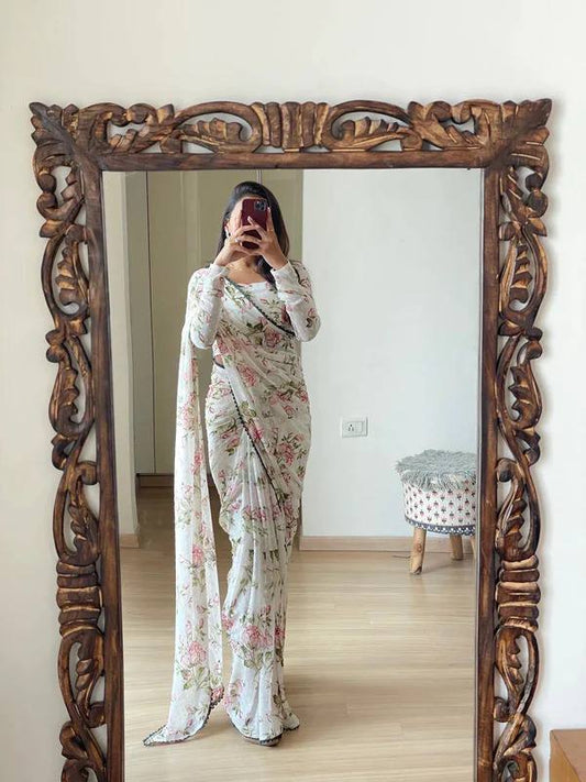 Digital Print White Saree in Soft Georgette – Chic & Modern