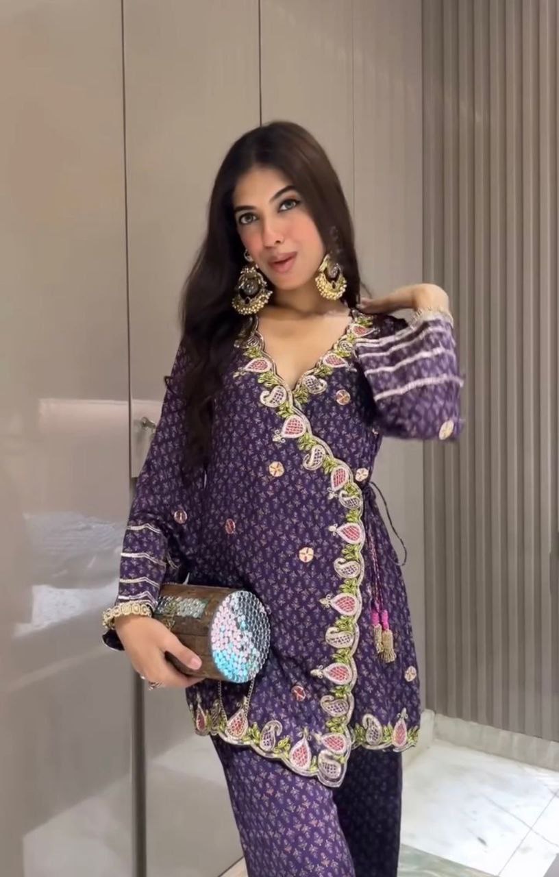 Admiring Purple Color Embroidery Palazzo Suit