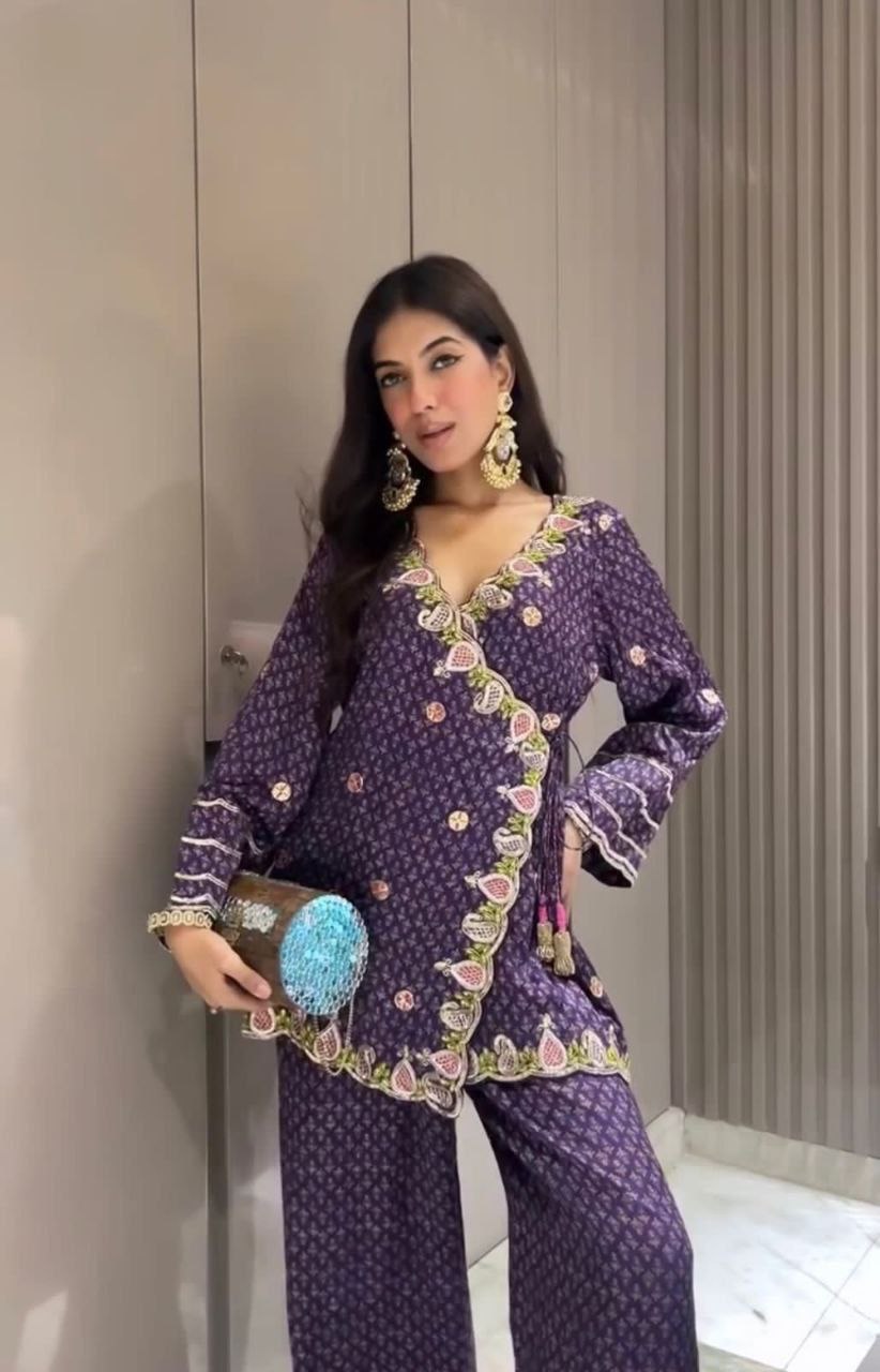 Admiring Purple Color Embroidery Palazzo Suit