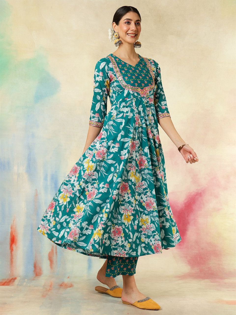 Women's Floral Printed Pure Cotton Anarkali Kurta With Palazzos And Dupatta
