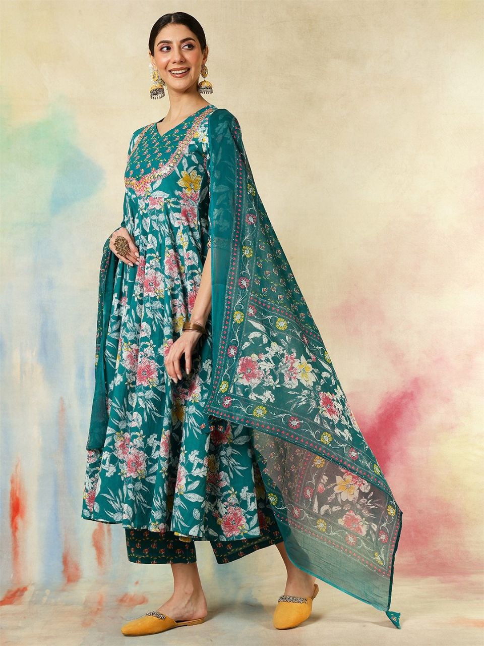 Women's Floral Printed Pure Cotton Anarkali Kurta With Palazzos And Dupatta