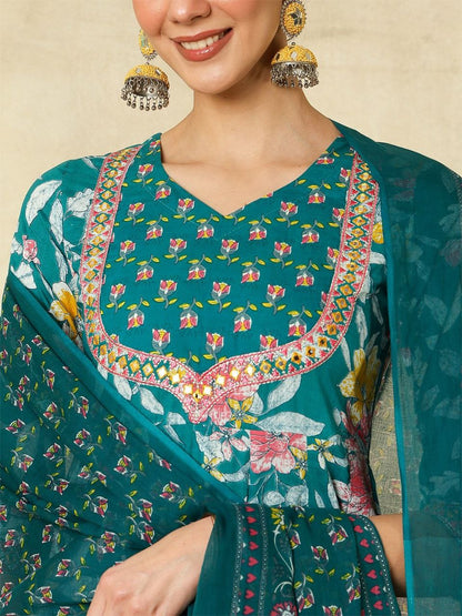 Women's Floral Printed Pure Cotton Anarkali Kurta With Palazzos And Dupatta