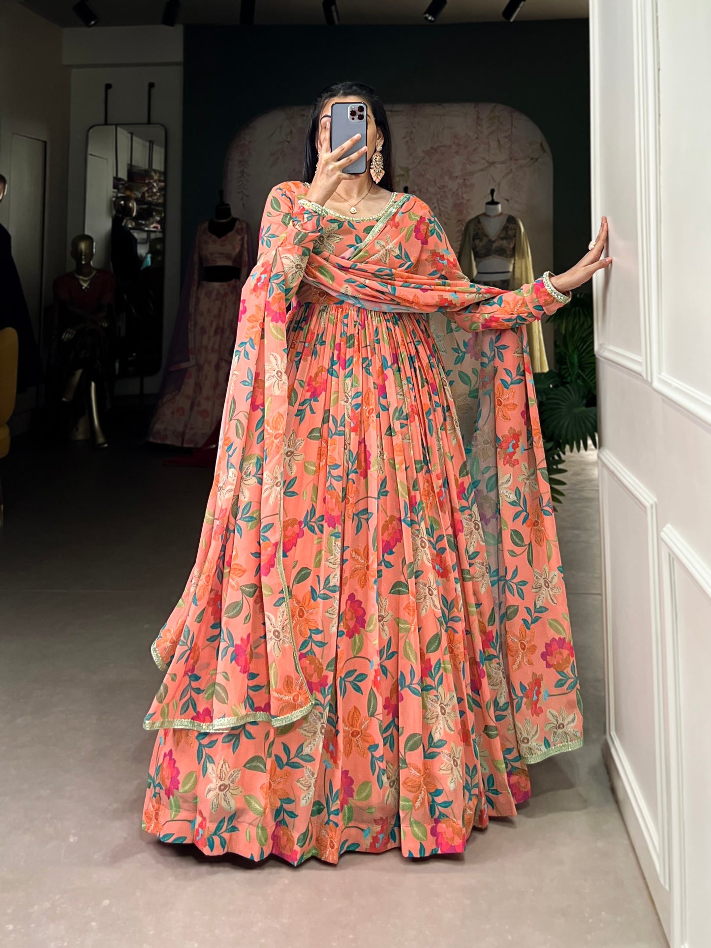 Georgette Fabric with  Floral Print Work Gown Set