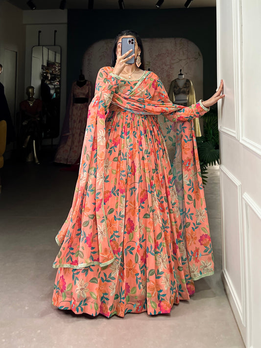 Georgette Fabric with  Floral Print Work Gown Set