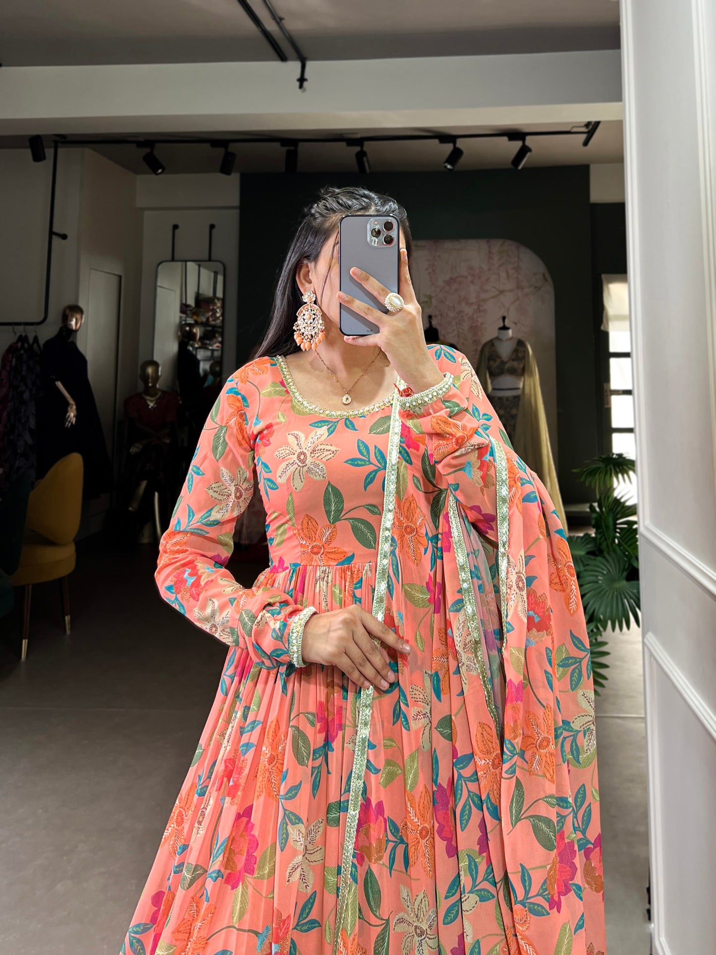 Georgette Fabric with  Floral Print Work Gown Set