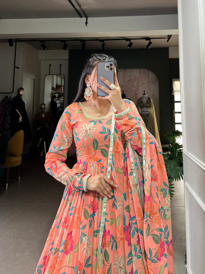 Georgette Fabric with  Floral Print Work Gown Set