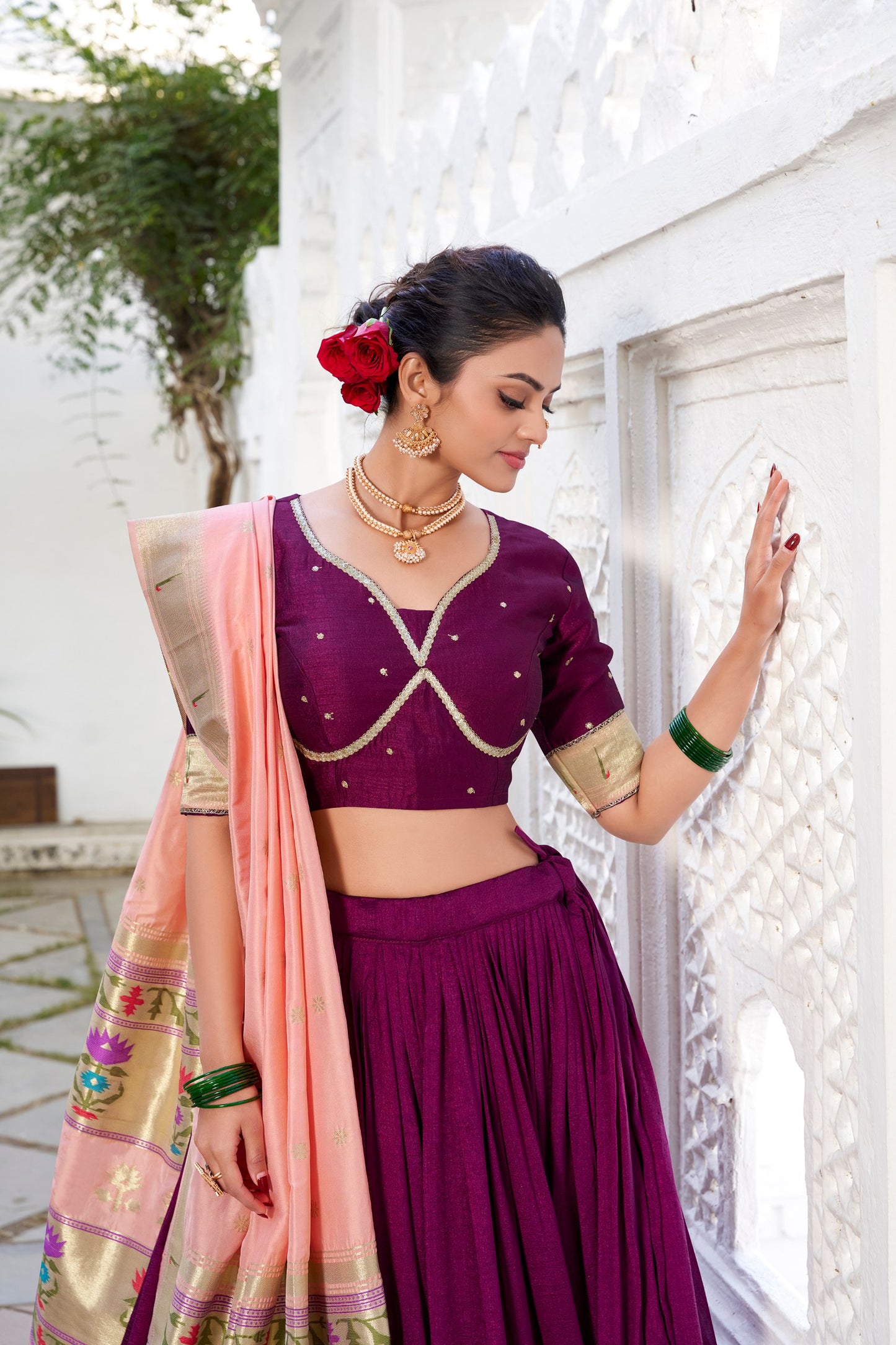 Purple Dola Silk Lehenga With Dupatta.