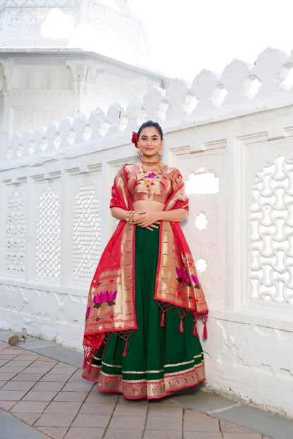 Green And Red Color Dola Silk Lehenga With Dupatta.