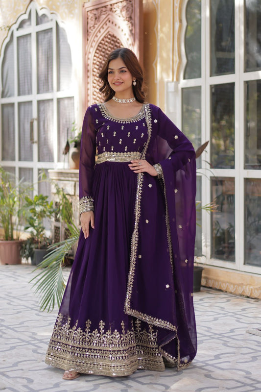 Purple Color Blooming Fabric with Embroidery Work Gown Set.