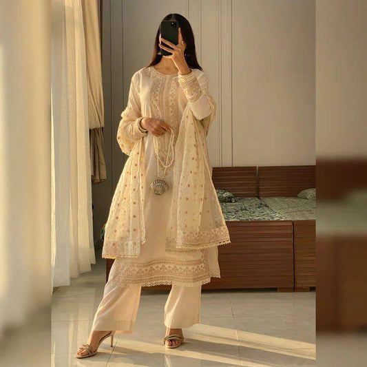 White Color Silk Fabric With Embroidery Work Kurti Set