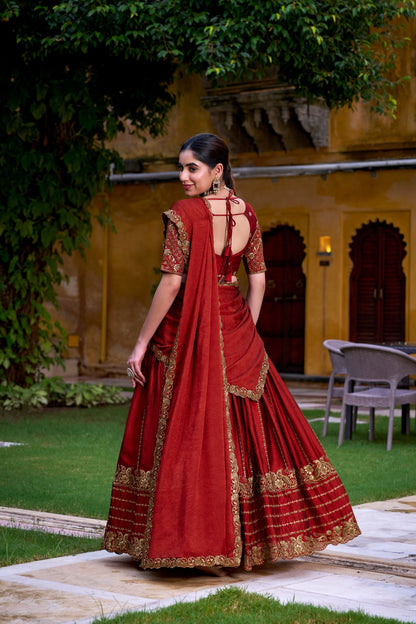 Red Elagant Rangoli Crush Wedding Lehenga Choli
