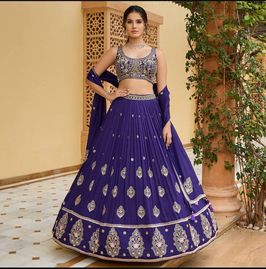 Purple Color Chinon silk Fabric With Embroidery Work Lehenga Choli