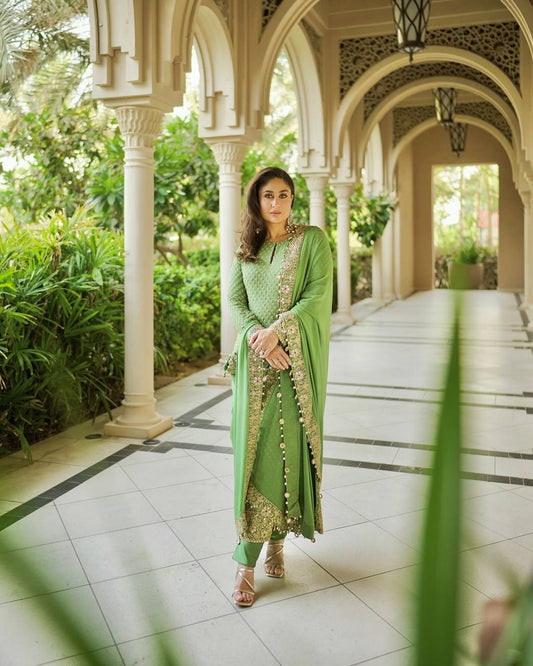 ROYAL OFF GREEN 3 PIECE FANCY KURTI WITH BEAUTIFUL BOTTOM AND DUPATTA